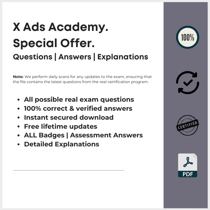 A covver image of downloadable file, with answer keys to all X ads academy badge assessments. Featuring free updates, and 100Į correct answers with detailed explanations